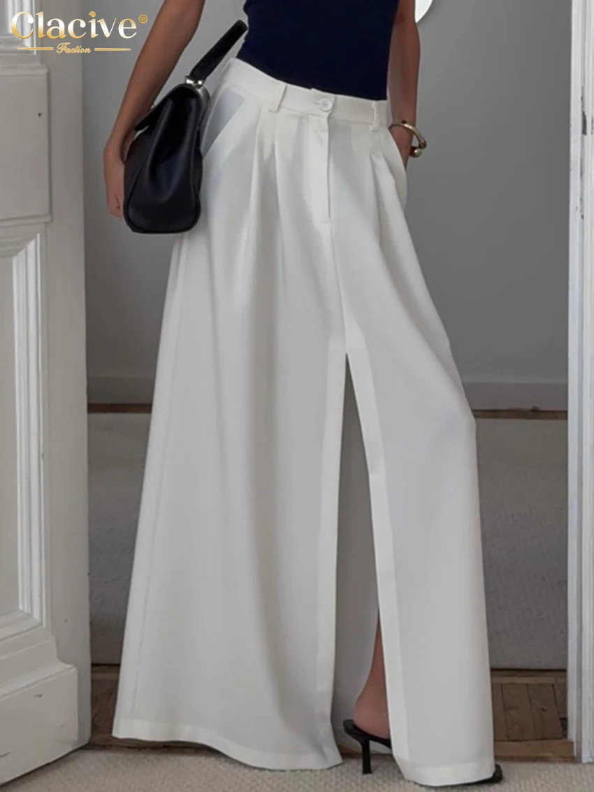 Clacive Fashion Loose White Women's Skirt Casual High Waist Maxi Skirt Elegant Classic Slit Solid Skirt Female Clothing 2025