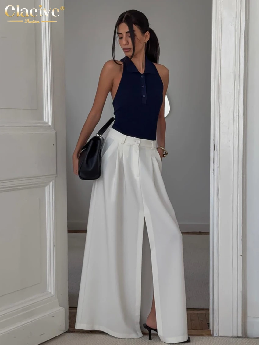 Clacive Fashion Loose White Women's Skirt Casual High Waist Maxi Skirt Elegant Classic Slit Solid Skirt Female Clothing 2025