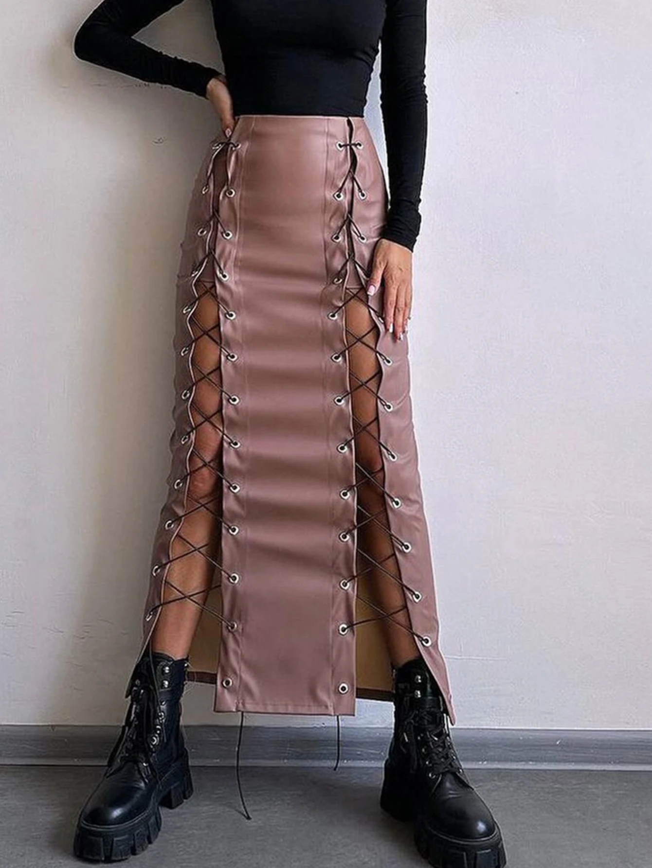 Sexy Black Lace Up Leather Long Skirt Women Clothing Fashion Streetwear Maxi Club Party Skirts Gothic PU High Waist Pencil Skirt