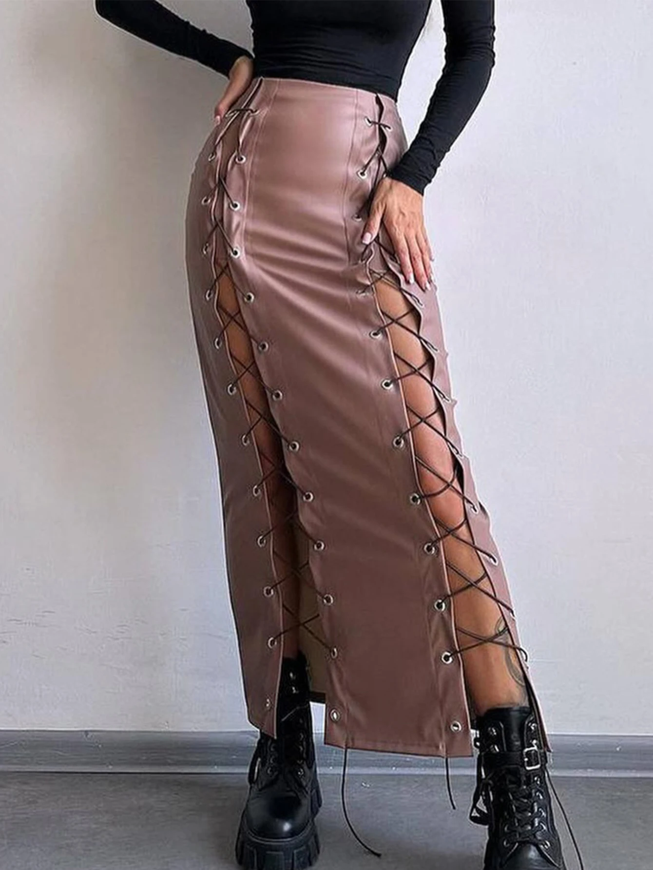 Sexy Black Lace Up Leather Long Skirt Women Clothing Fashion Streetwear Maxi Club Party Skirts Gothic PU High Waist Pencil Skirt