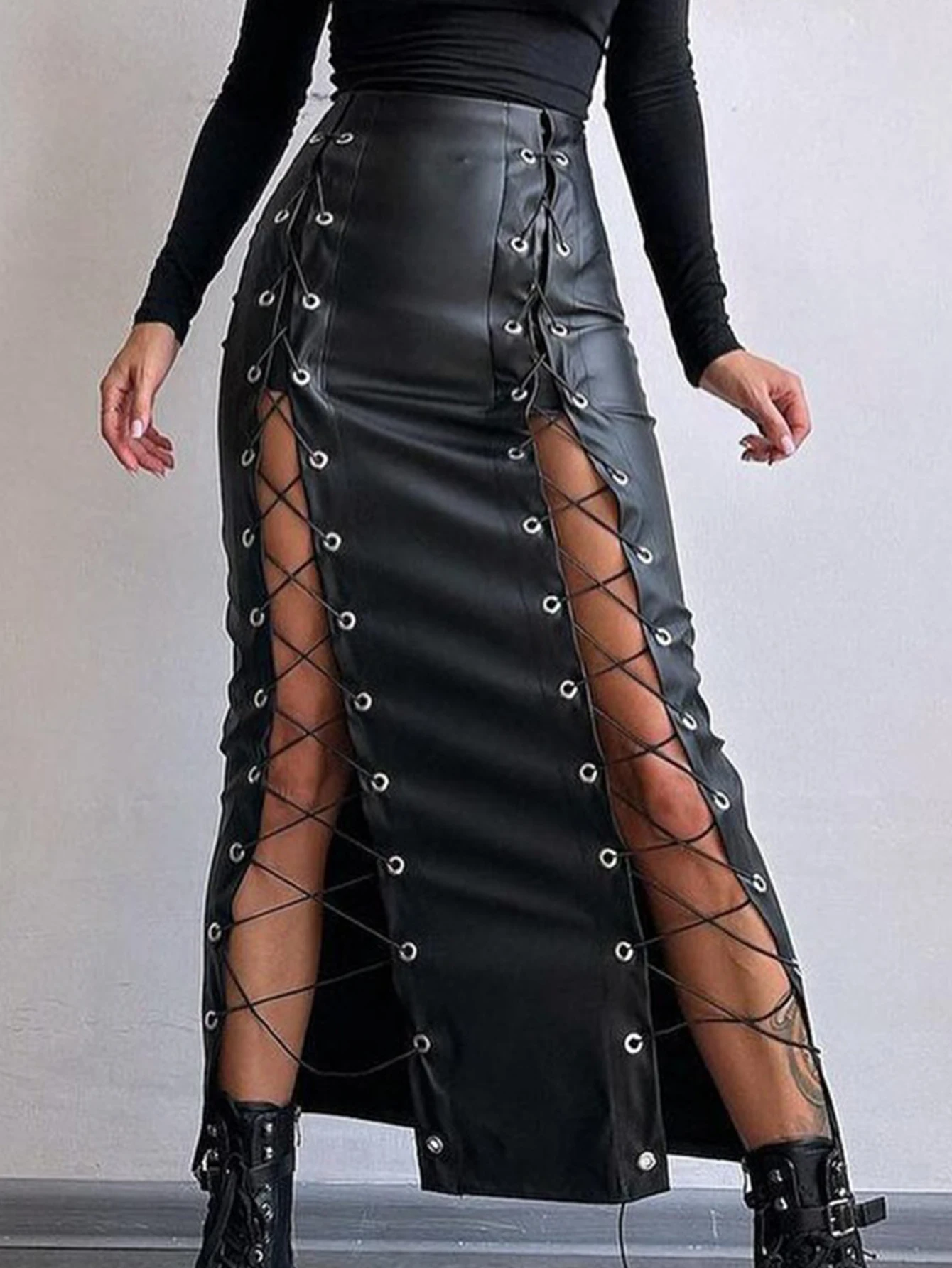 Sexy Black Lace Up Leather Long Skirt Women Clothing Fashion Streetwear Maxi Club Party Skirts Gothic PU High Waist Pencil Skirt