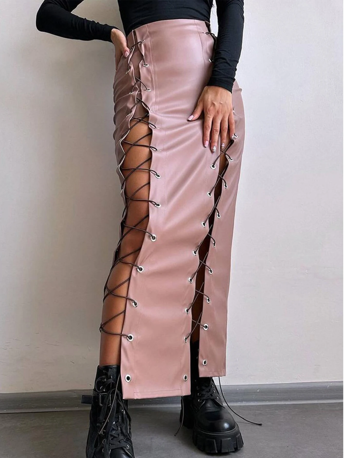 Sexy Black Lace Up Leather Long Skirt Women Clothing Fashion Streetwear Maxi Club Party Skirts Gothic PU High Waist Pencil Skirt