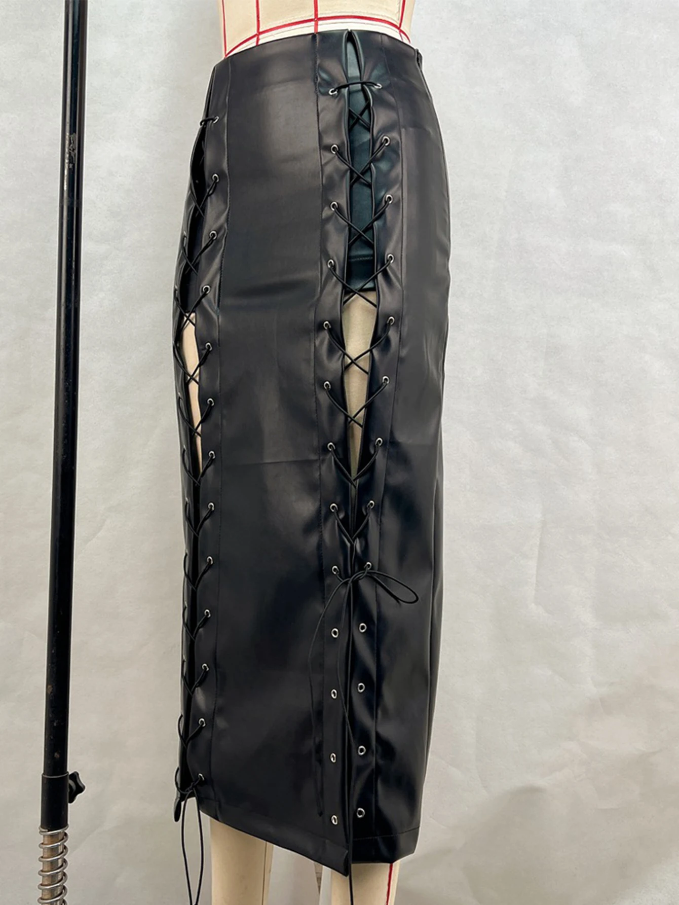 Sexy Black Lace Up Leather Long Skirt Women Clothing Fashion Streetwear Maxi Club Party Skirts Gothic PU High Waist Pencil Skirt