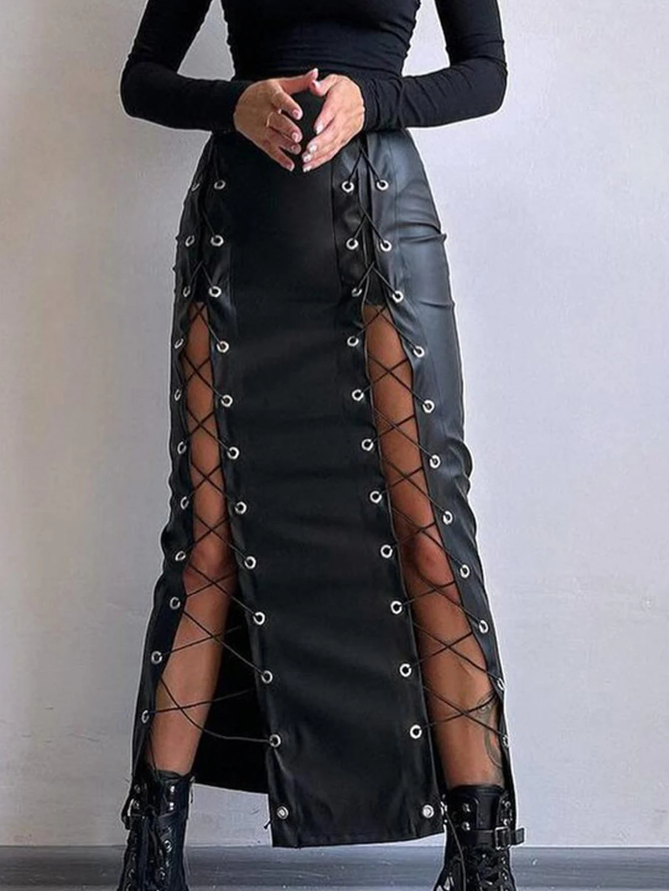 Sexy Black Lace Up Leather Long Skirt Women Clothing Fashion Streetwear Maxi Club Party Skirts Gothic PU High Waist Pencil Skirt