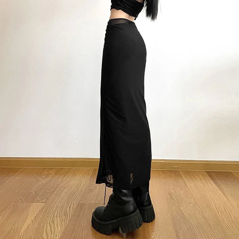 MEXZT Y2K Black Long Skirts Women Harajuku Sexy Mesh Patchwork Wrap Skirt Summer Gothic Korean High Waist Slim A Line Faldas New