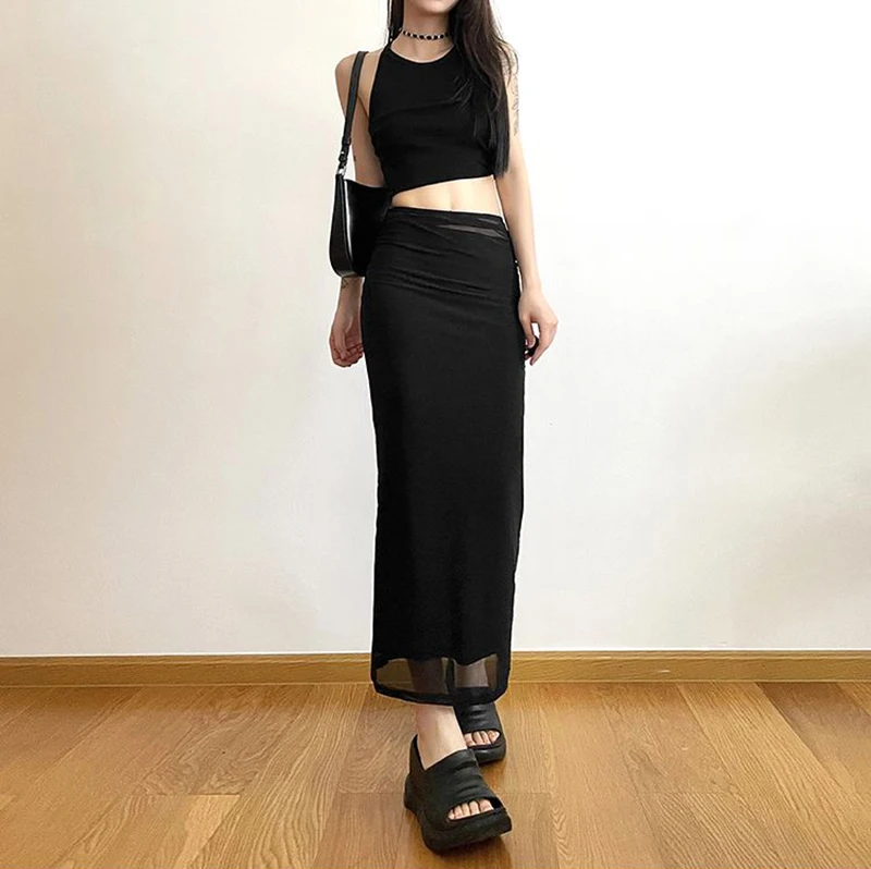MEXZT Y2K Black Long Skirts Women Harajuku Sexy Mesh Patchwork Wrap Skirt Summer Gothic Korean High Waist Slim A Line Faldas New