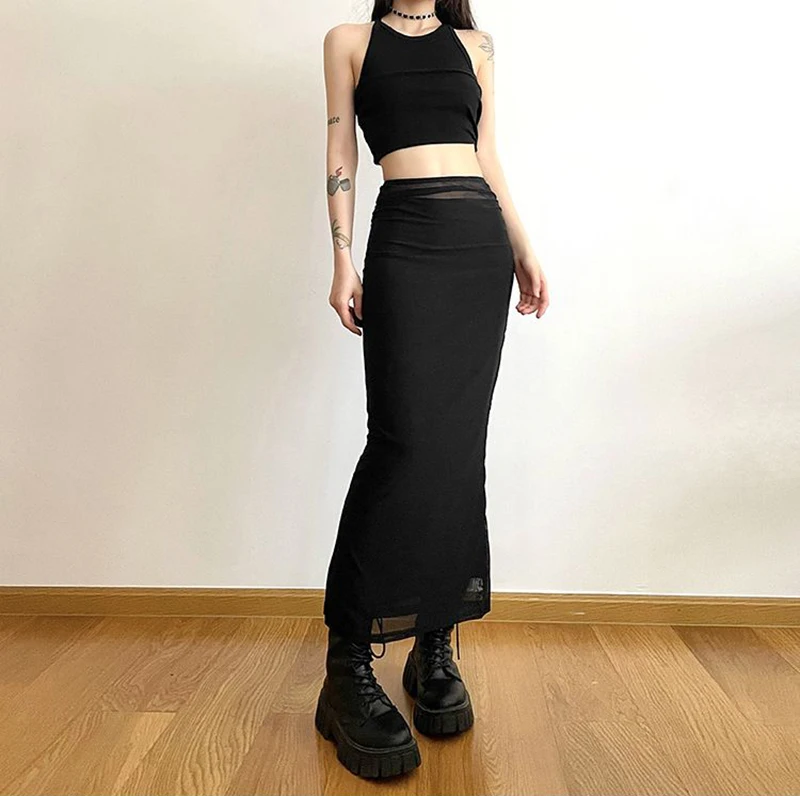 MEXZT Y2K Black Long Skirts Women Harajuku Sexy Mesh Patchwork Wrap Skirt Summer Gothic Korean High Waist Slim A Line Faldas New