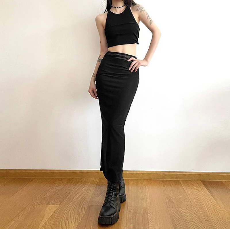 MEXZT Y2K Black Long Skirts Women Harajuku Sexy Mesh Patchwork Wrap Skirt Summer Gothic Korean High Waist Slim A Line Faldas New