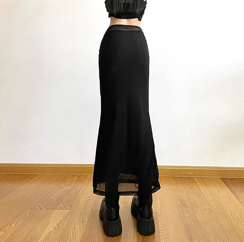 MEXZT Y2K Black Long Skirts Women Harajuku Sexy Mesh Patchwork Wrap Skirt Summer Gothic Korean High Waist Slim A Line Faldas New