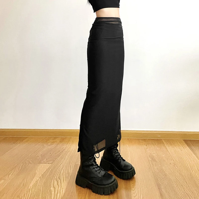 MEXZT Y2K Black Long Skirts Women Harajuku Sexy Mesh Patchwork Wrap Skirt Summer Gothic Korean High Waist Slim A Line Faldas New