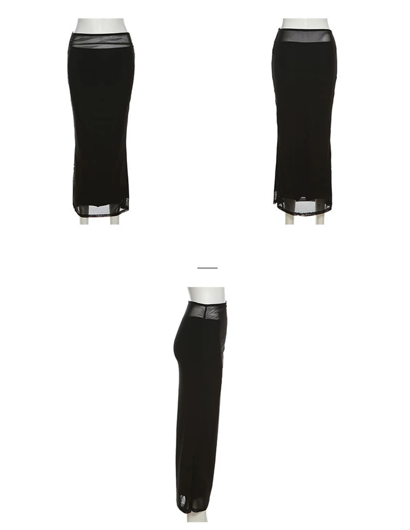 MEXZT Y2K Black Long Skirts Women Harajuku Sexy Mesh Patchwork Wrap Skirt Summer Gothic Korean High Waist Slim A Line Faldas New