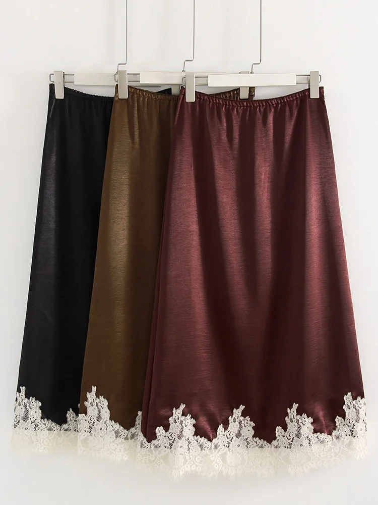 Streamgirl Midi Lace Satin Skirts Women Spring Summer High Waist Straight Burgundy Skirts With Lace For Women Office Wear Skirt