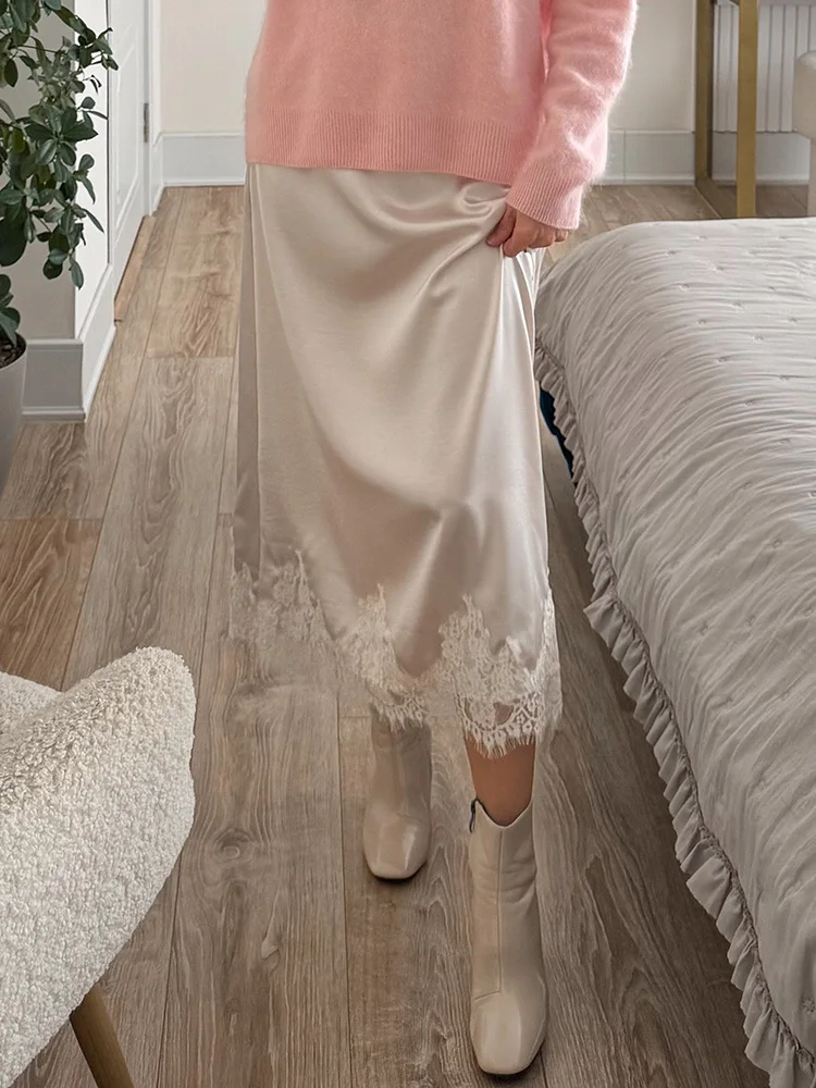 Streamgirl Midi Lace Satin Skirts Women Spring Summer High Waist Straight Burgundy Skirts With Lace For Women Office Wear Skirt