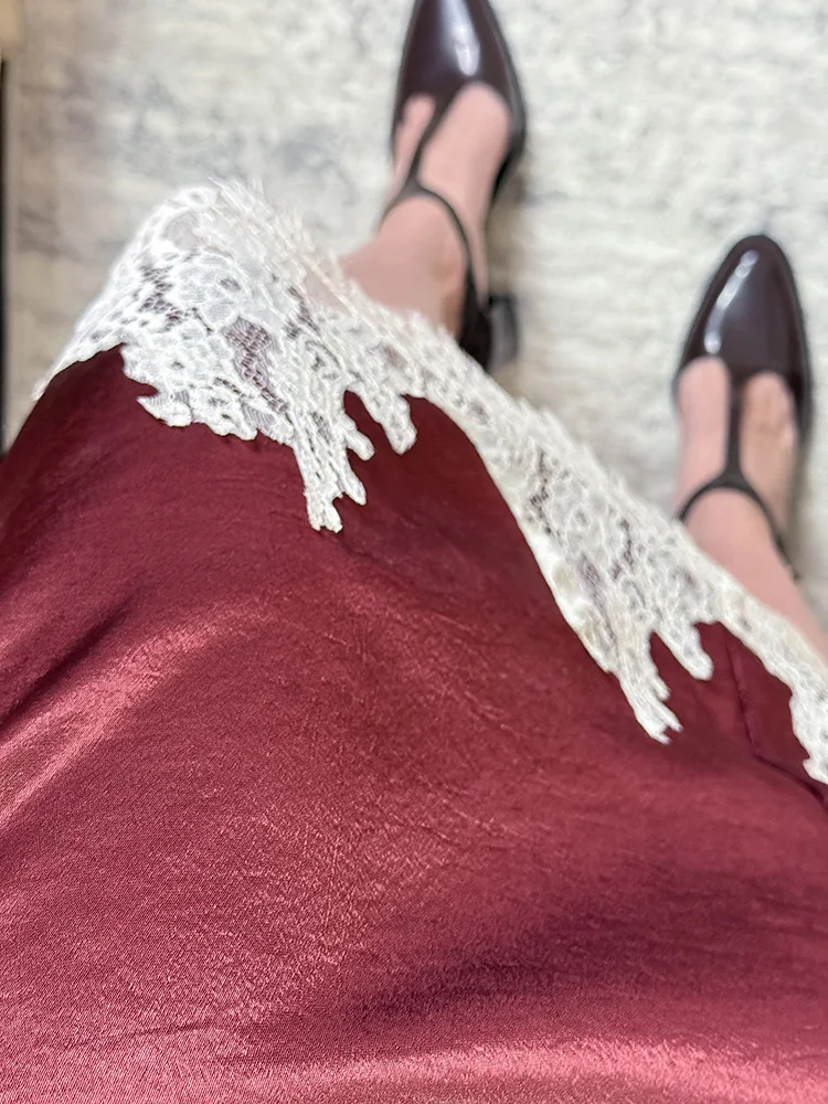 Streamgirl Midi Lace Satin Skirts Women Spring Summer High Waist Straight Burgundy Skirts With Lace For Women Office Wear Skirt