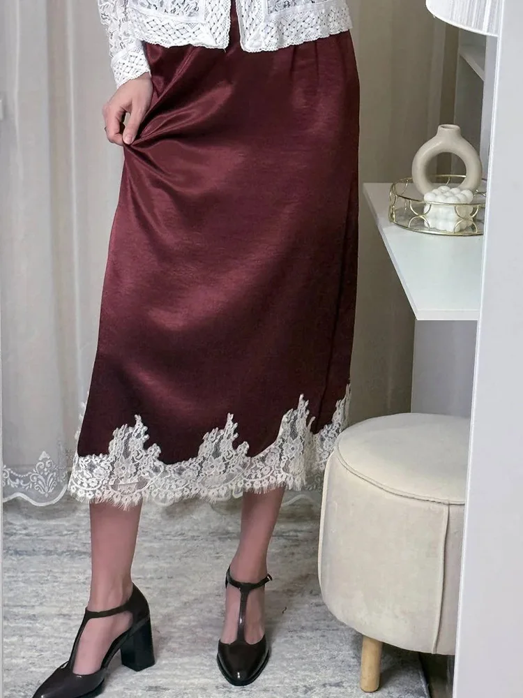 Streamgirl Midi Lace Satin Skirts Women Spring Summer High Waist Straight Burgundy Skirts With Lace For Women Office Wear Skirt