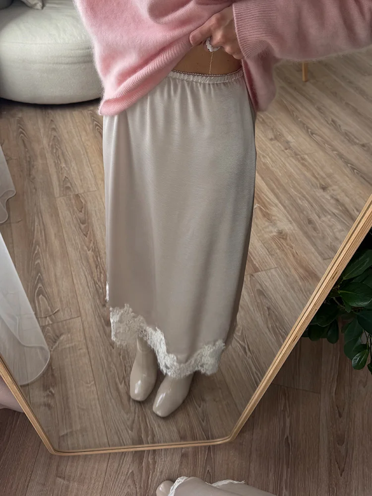 Streamgirl Midi Lace Satin Skirts Women Spring Summer High Waist Straight Burgundy Skirts With Lace For Women Office Wear Skirt