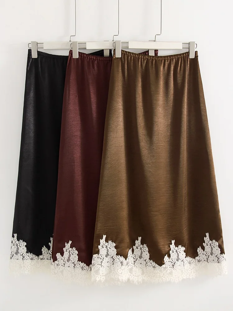 Streamgirl Midi Lace Satin Skirts Women Spring Summer High Waist Straight Burgundy Skirts With Lace For Women Office Wear Skirt