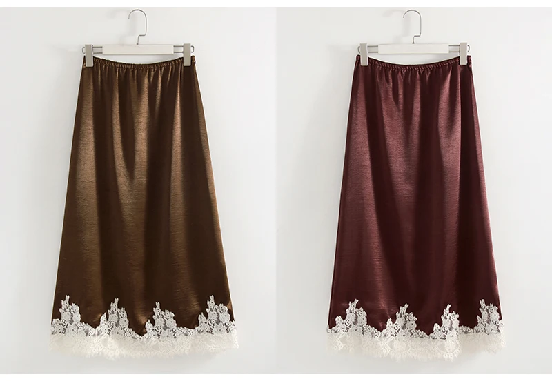 Streamgirl Midi Lace Satin Skirts Women Spring Summer High Waist Straight Burgundy Skirts With Lace For Women Office Wear Skirt