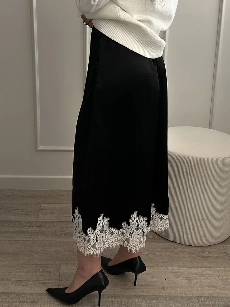 Streamgirl Midi Lace Satin Skirts Women Spring Summer High Waist Straight Burgundy Skirts With Lace For Women Office Wear Skirt