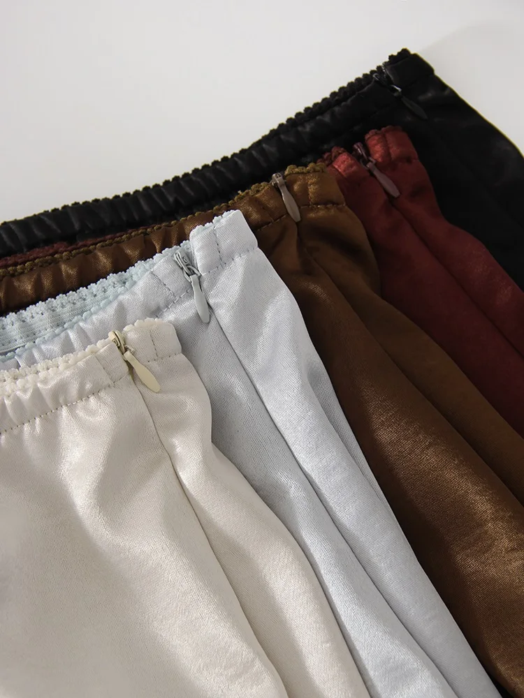Streamgirl Midi Lace Satin Skirts Women Spring Summer High Waist Straight Burgundy Skirts With Lace For Women Office Wear Skirt