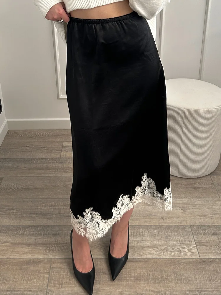 Streamgirl Midi Lace Satin Skirts Women Spring Summer High Waist Straight Burgundy Skirts With Lace For Women Office Wear Skirt