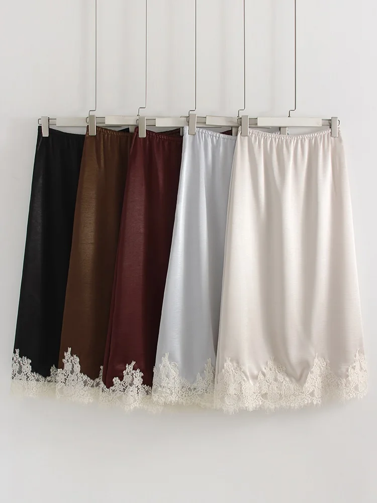 Streamgirl Midi Lace Satin Skirts Women Spring Summer High Waist Straight Burgundy Skirts With Lace For Women Office Wear Skirt