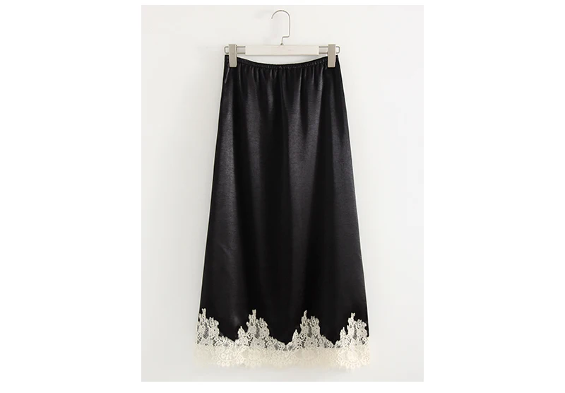 Streamgirl Midi Lace Satin Skirts Women Spring Summer High Waist Straight Burgundy Skirts With Lace For Women Office Wear Skirt