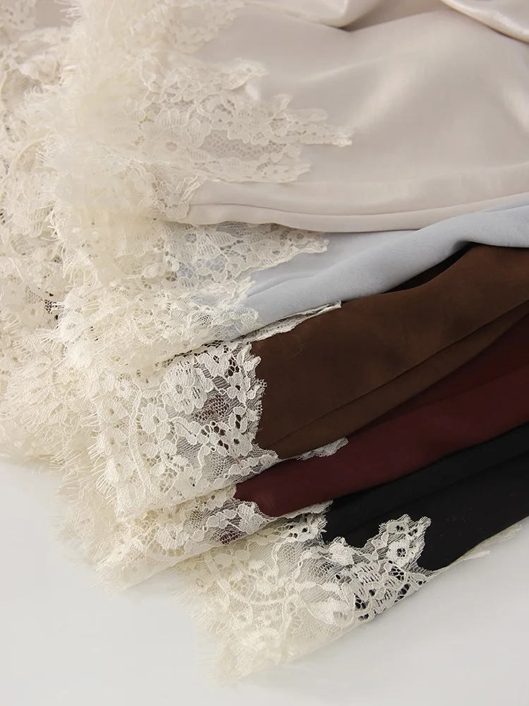 Streamgirl Midi Lace Satin Skirts Women Spring Summer High Waist Straight Burgundy Skirts With Lace For Women Office Wear Skirt