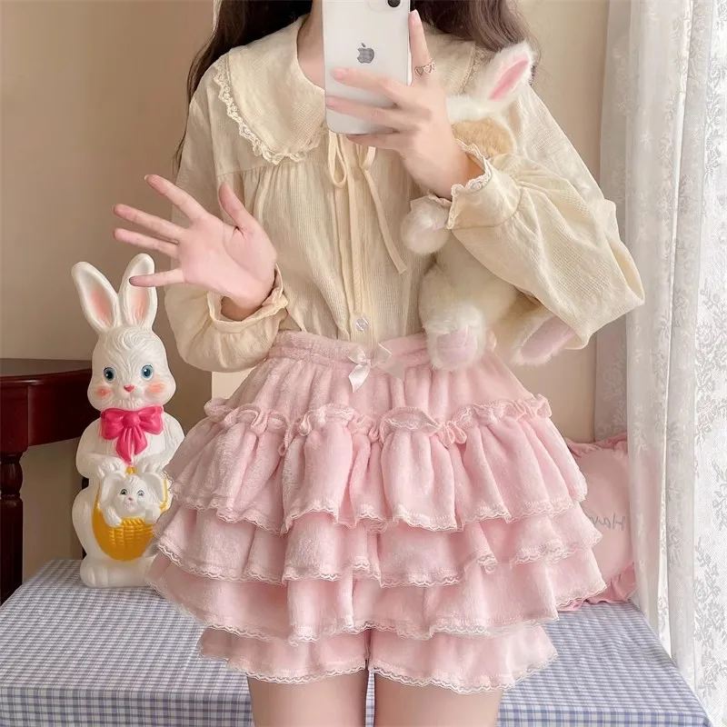 Japanese Lolita Kawaii Short Skirt Women Bow Pleated Sweet Shorts Female Korean New Fashion Elegant Casual Y2k Cute Skirt