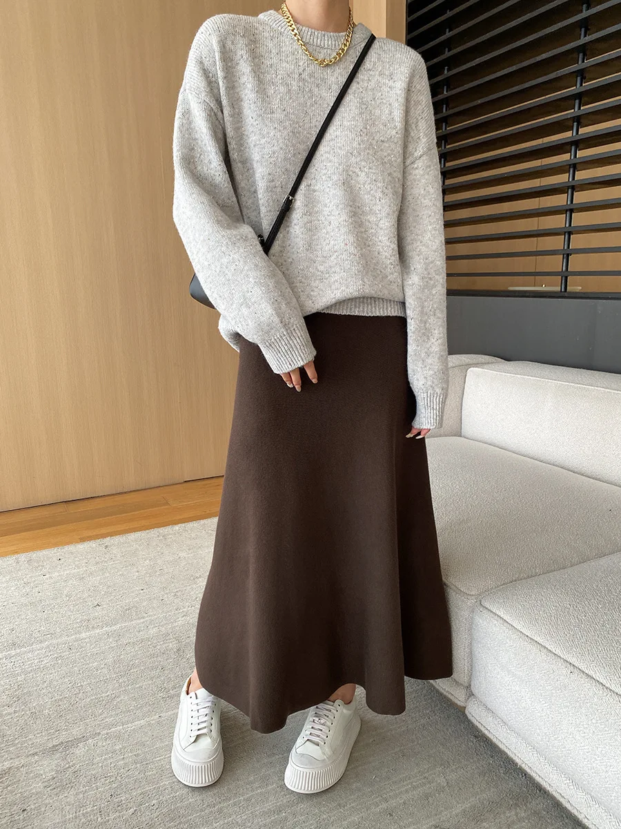[LANMREM] Elastic High Waist Knitting Skirts For Women A-line Mid-length Office Lady Fit Female Skirt 2025 Autumn New 26C281