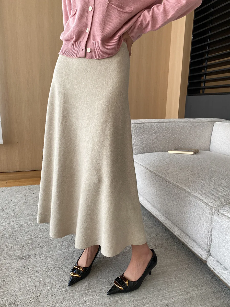 [LANMREM] Elastic High Waist Knitting Skirts For Women A-line Mid-length Office Lady Fit Female Skirt 2025 Autumn New 26C281