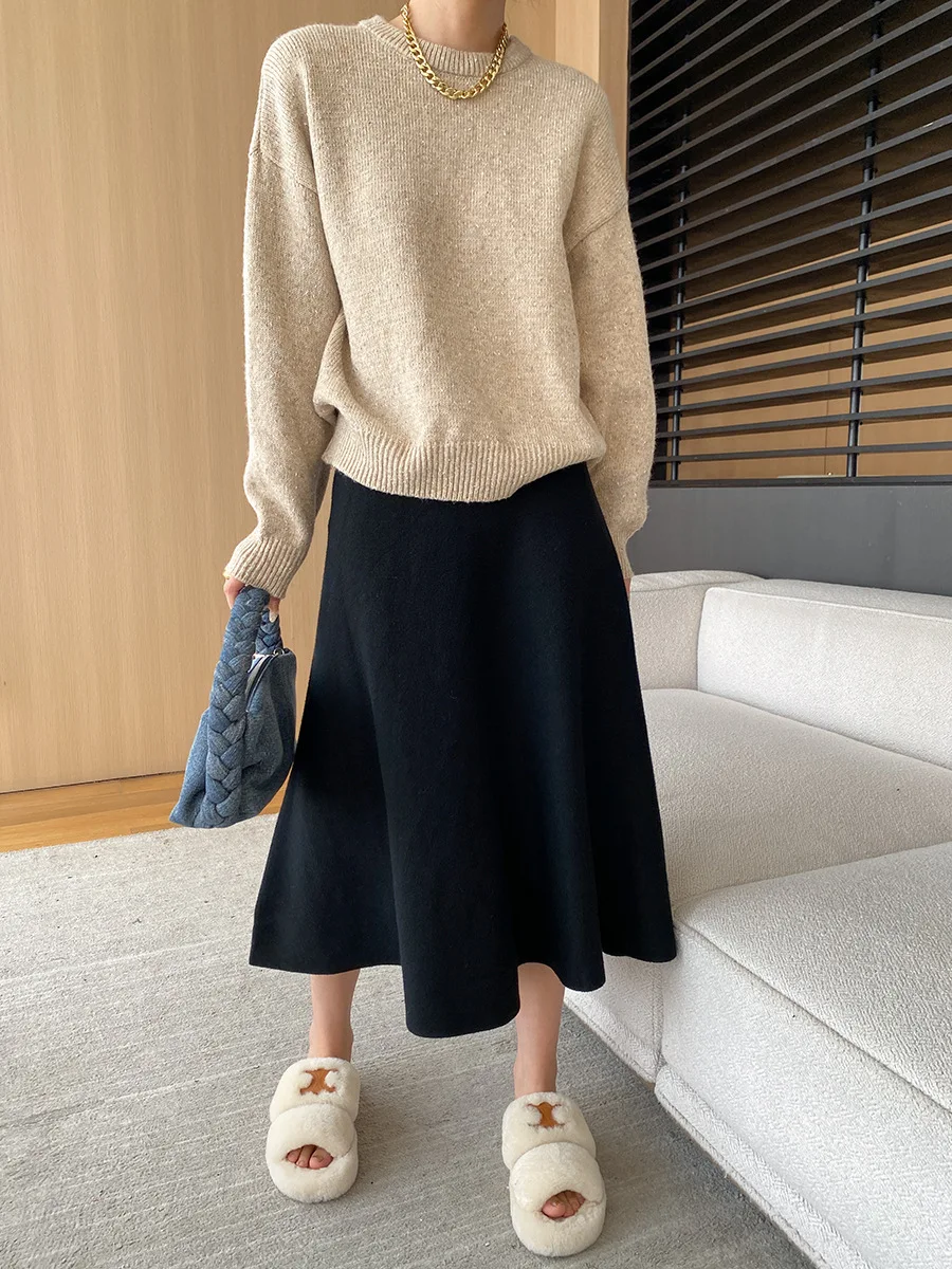 [LANMREM] Elastic High Waist Knitting Skirts For Women A-line Mid-length Office Lady Fit Female Skirt 2025 Autumn New 26C281