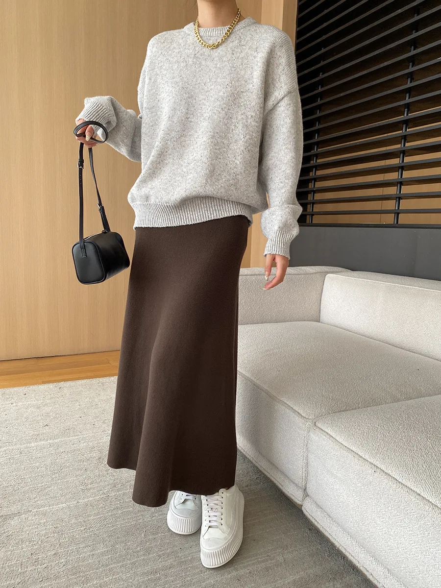 [LANMREM] Elastic High Waist Knitting Skirts For Women A-line Mid-length Office Lady Fit Female Skirt 2025 Autumn New 26C281