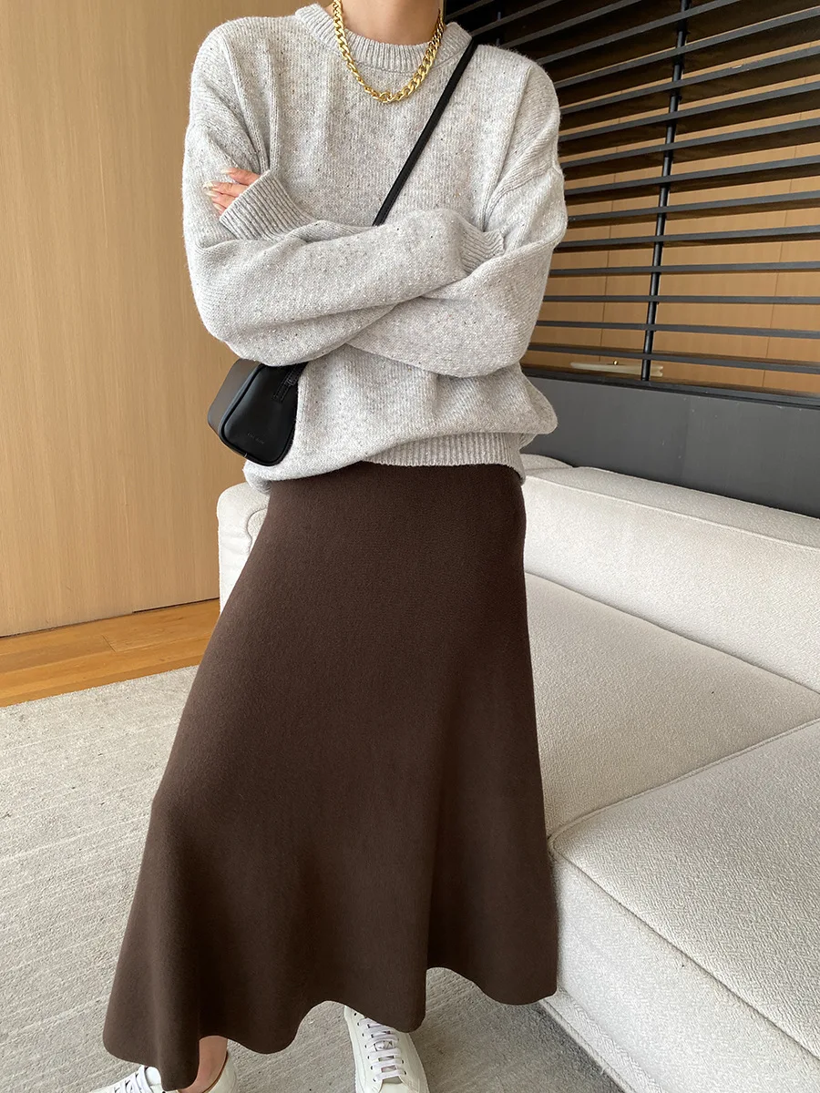 [LANMREM] Elastic High Waist Knitting Skirts For Women A-line Mid-length Office Lady Fit Female Skirt 2025 Autumn New 26C281