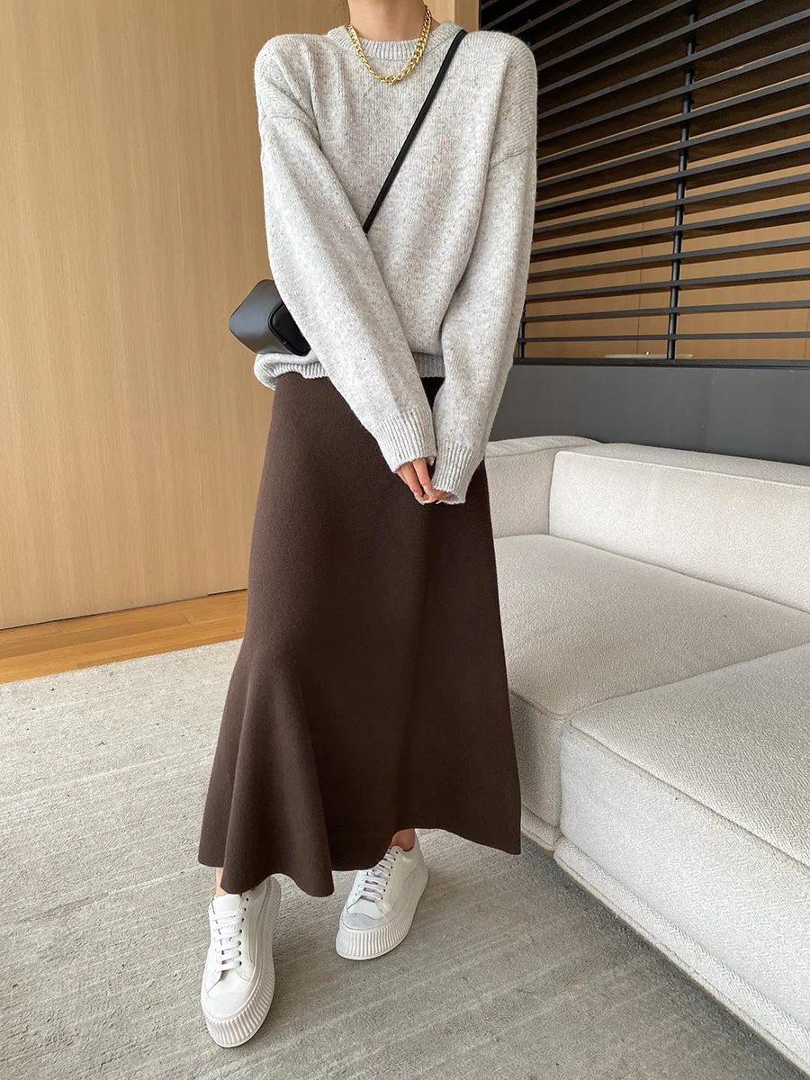 [LANMREM] Elastic High Waist Knitting Skirts For Women A-line Mid-length Office Lady Fit Female Skirt 2025 Autumn New 26C281