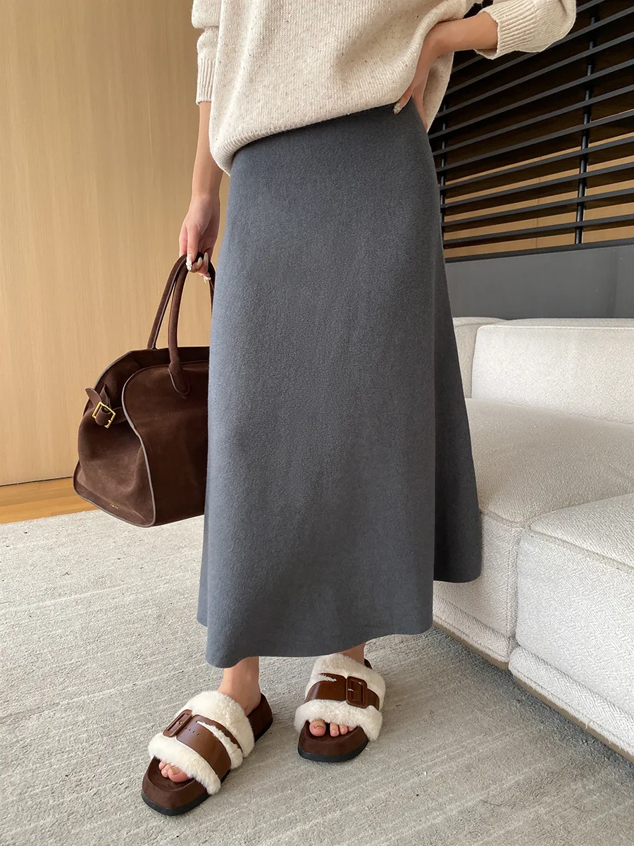 [LANMREM] Elastic High Waist Knitting Skirts For Women A-line Mid-length Office Lady Fit Female Skirt 2025 Autumn New 26C281