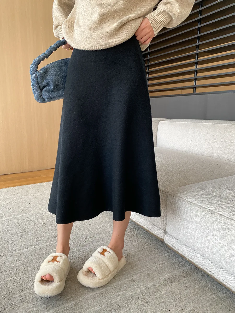 [LANMREM] Elastic High Waist Knitting Skirts For Women A-line Mid-length Office Lady Fit Female Skirt 2025 Autumn New 26C281