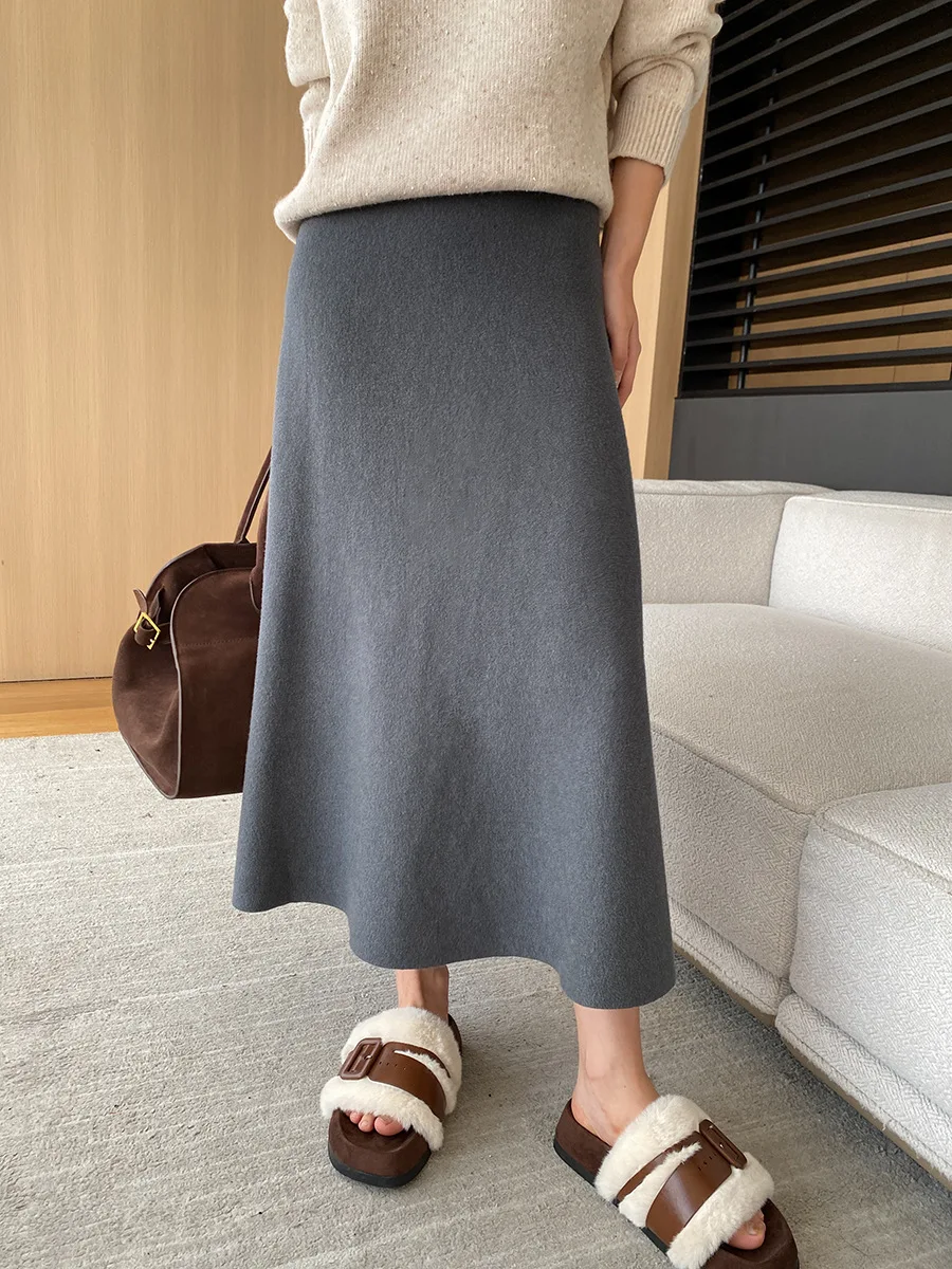 [LANMREM] Elastic High Waist Knitting Skirts For Women A-line Mid-length Office Lady Fit Female Skirt 2025 Autumn New 26C281