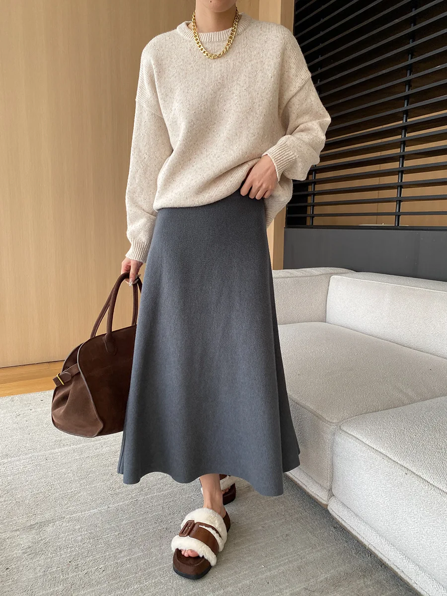 [LANMREM] Elastic High Waist Knitting Skirts For Women A-line Mid-length Office Lady Fit Female Skirt 2025 Autumn New 26C281