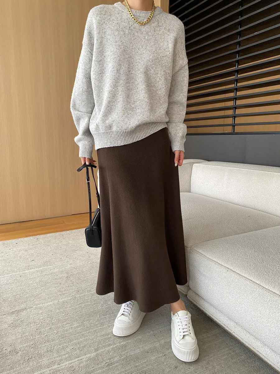 [LANMREM] Elastic High Waist Knitting Skirts For Women A-line Mid-length Office Lady Fit Female Skirt 2025 Autumn New 26C281