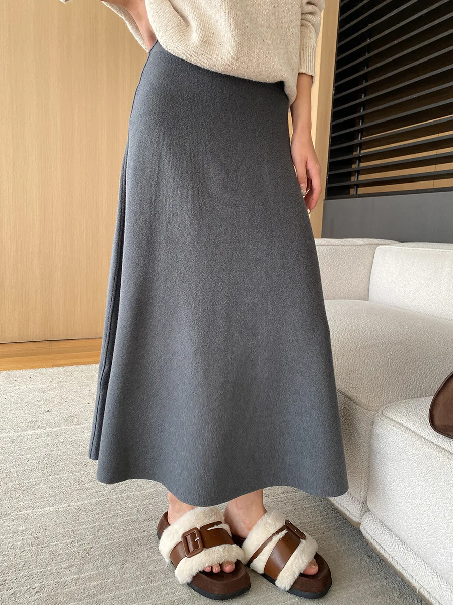 [LANMREM] Elastic High Waist Knitting Skirts For Women A-line Mid-length Office Lady Fit Female Skirt 2025 Autumn New 26C281