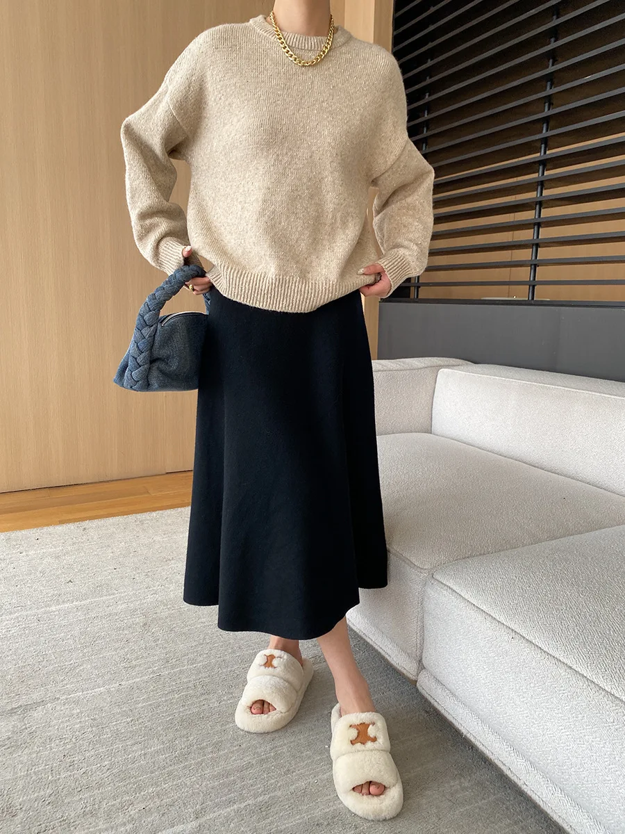 [LANMREM] Elastic High Waist Knitting Skirts For Women A-line Mid-length Office Lady Fit Female Skirt 2025 Autumn New 26C281