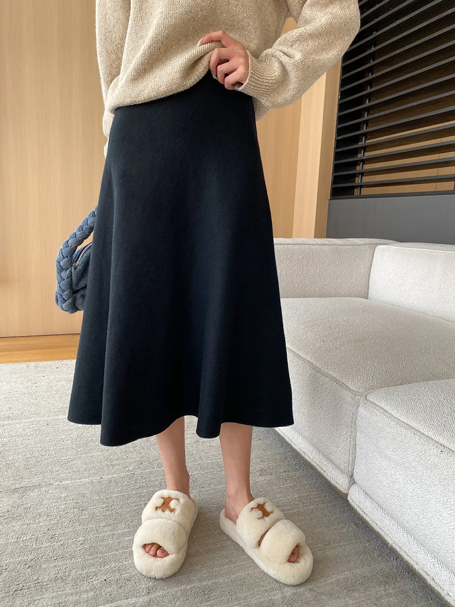 [LANMREM] Elastic High Waist Knitting Skirts For Women A-line Mid-length Office Lady Fit Female Skirt 2025 Autumn New 26C281