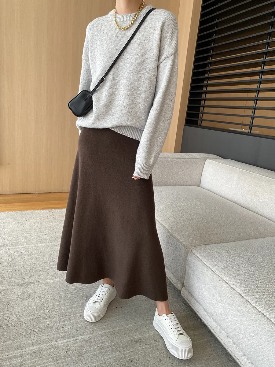 [LANMREM] Elastic High Waist Knitting Skirts For Women A-line Mid-length Office Lady Fit Female Skirt 2025 Autumn New 26C281