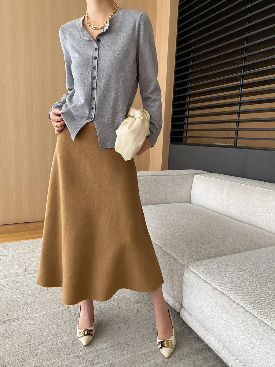[LANMREM] Elastic High Waist Knitting Skirts For Women A-line Mid-length Office Lady Fit Female Skirt 2025 Autumn New 26C281