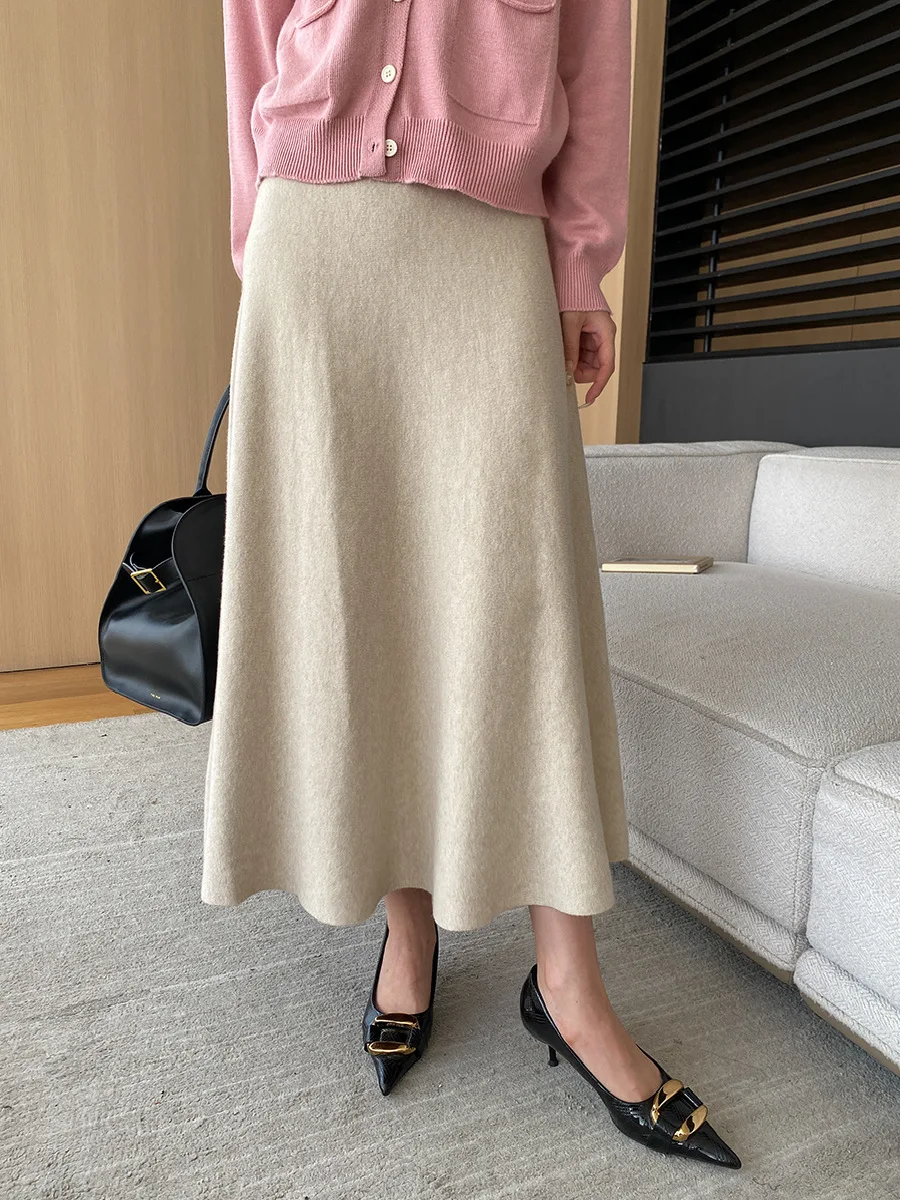 [LANMREM] Elastic High Waist Knitting Skirts For Women A-line Mid-length Office Lady Fit Female Skirt 2025 Autumn New 26C281