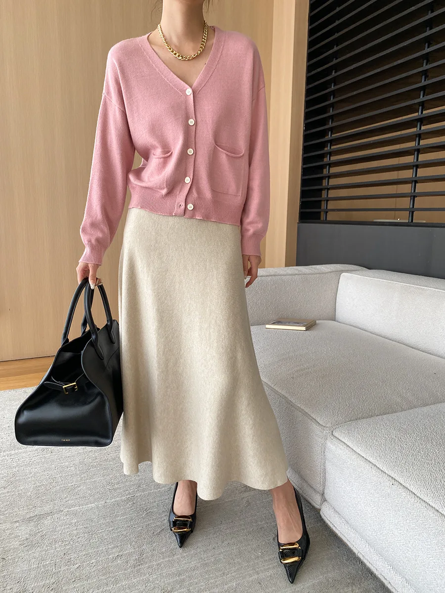 [LANMREM] Elastic High Waist Knitting Skirts For Women A-line Mid-length Office Lady Fit Female Skirt 2025 Autumn New 26C281