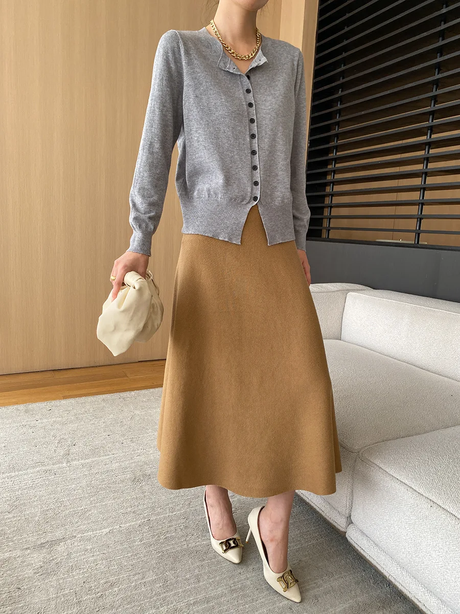 [LANMREM] Elastic High Waist Knitting Skirts For Women A-line Mid-length Office Lady Fit Female Skirt 2025 Autumn New 26C281