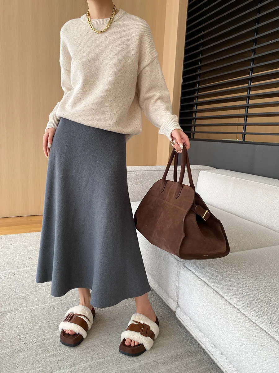 [LANMREM] Elastic High Waist Knitting Skirts For Women A-line Mid-length Office Lady Fit Female Skirt 2025 Autumn New 26C281