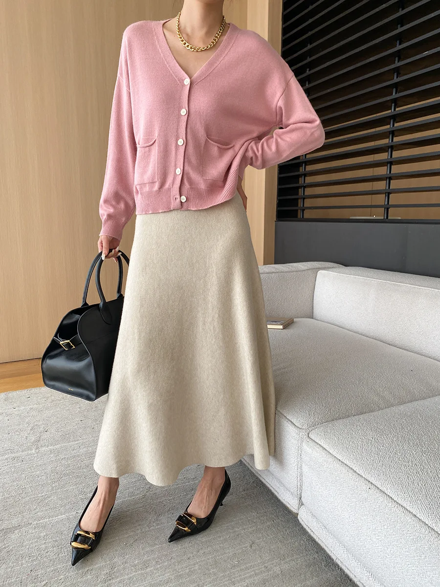 [LANMREM] Elastic High Waist Knitting Skirts For Women A-line Mid-length Office Lady Fit Female Skirt 2025 Autumn New 26C281